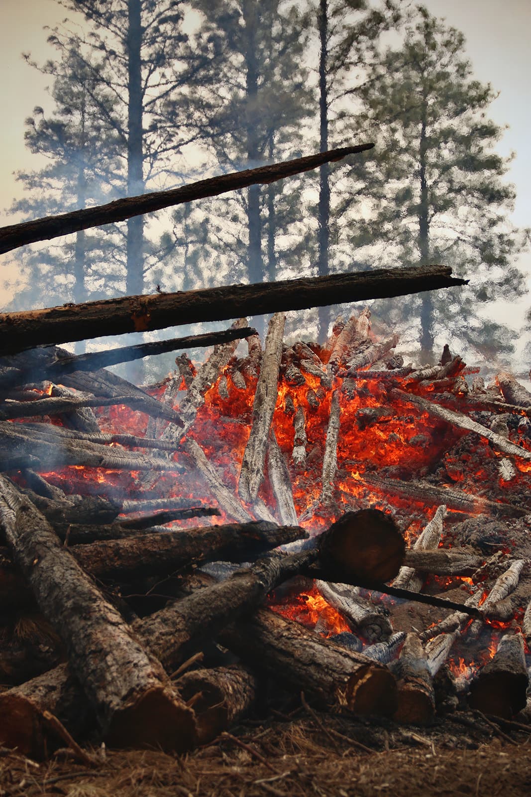 A close-up view into the heart of a burning machine pile.