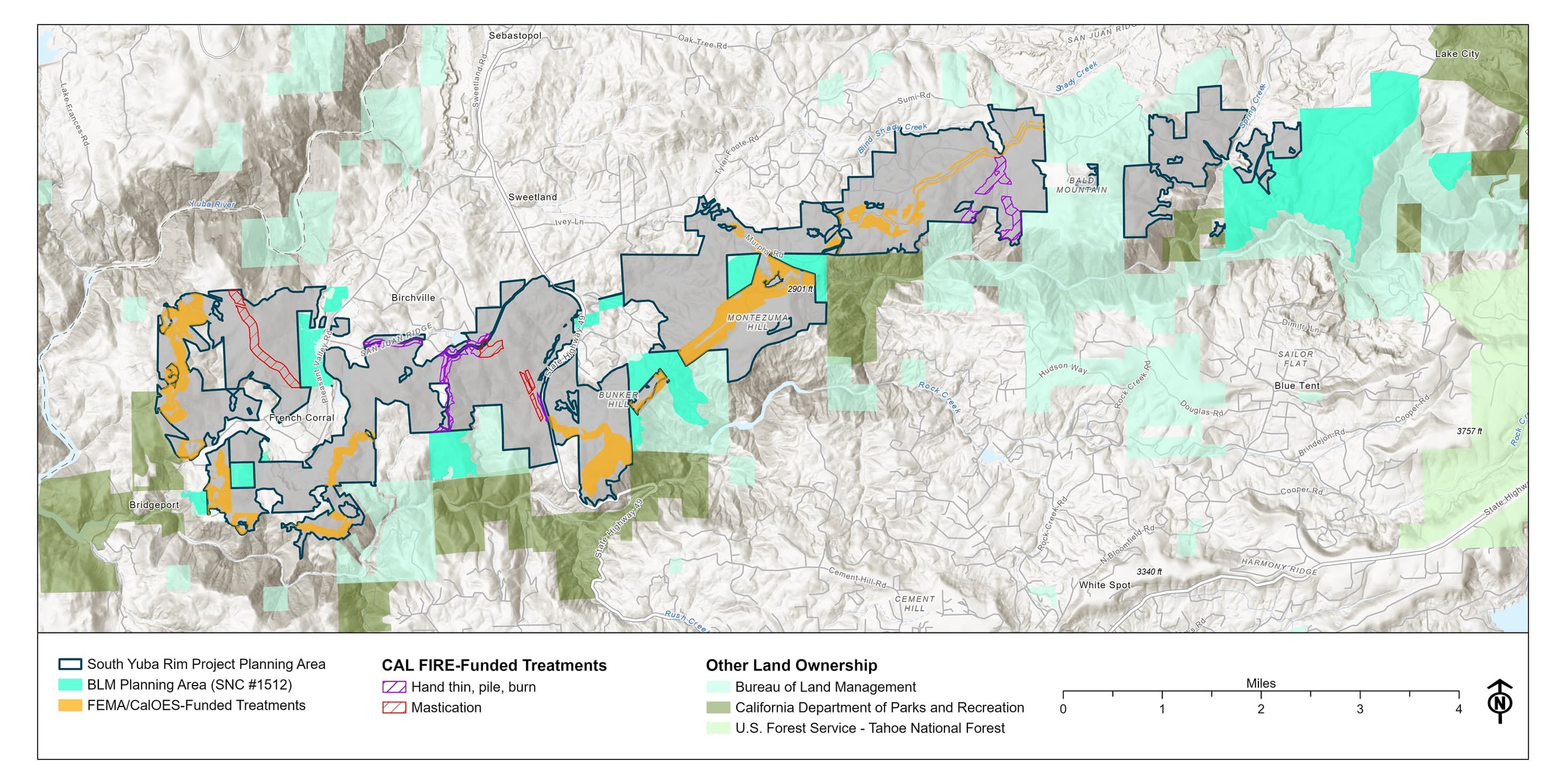 Map showing combined FEMA and CAL FIRE Phase 2 treatment areas for the South Yuba Rim project